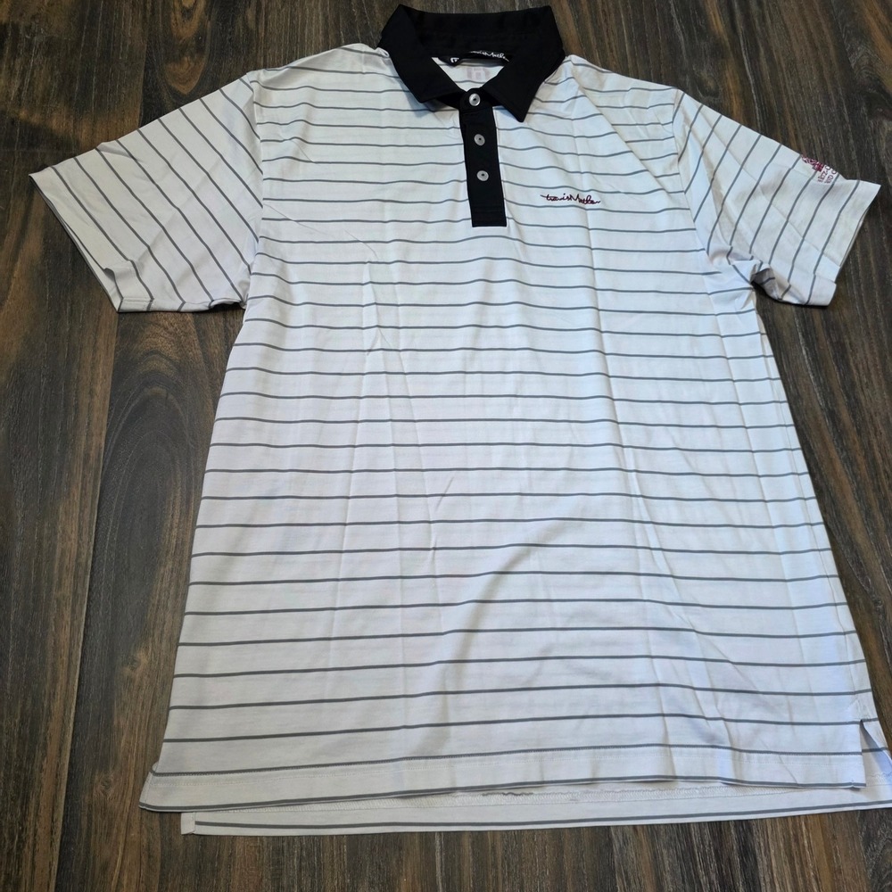TravisMathew Mens White Grey Striped Pima Cotton Blend Golf Polo Shirt Large